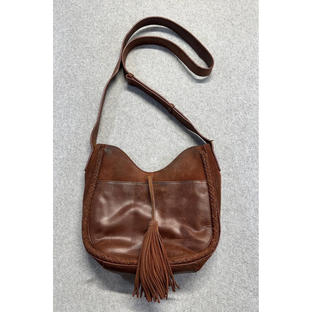 Lucky Brand Brown Leather Suede Hobo Crossbody Bag Tassel Braided Boho Purse